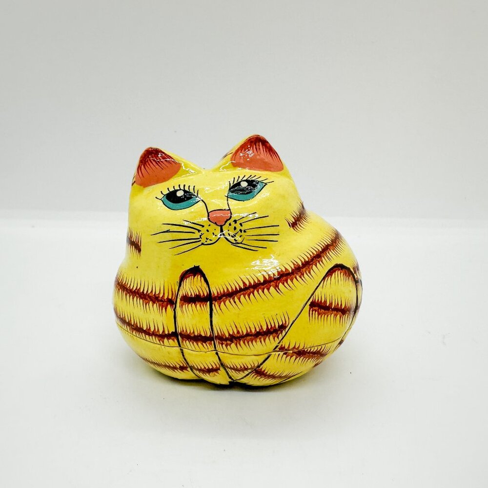 Handmade Paper Mache Cat Trinket Box Wild Painted India Tiger